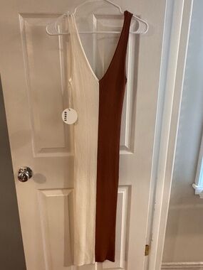 STAUD One-Shoulder Two-Tone Ribbed Slip Dress in Cream and Brown